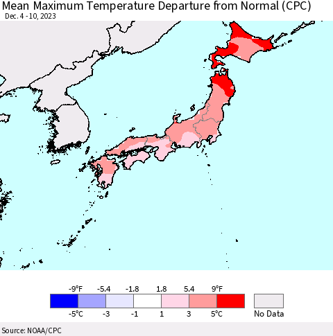 Japan Mean Maximum Temperature Departure from Normal (CPC) Thematic Map For 12/4/2023 - 12/10/2023
