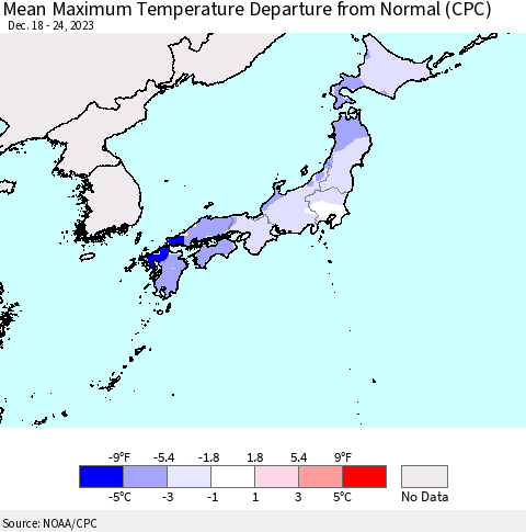 Japan Mean Maximum Temperature Departure from Normal (CPC) Thematic Map For 12/18/2023 - 12/24/2023