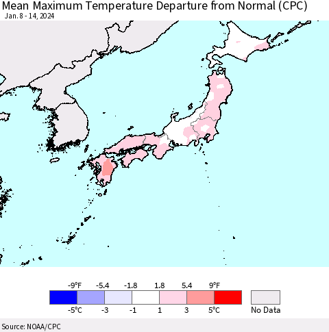 Japan Mean Maximum Temperature Departure from Normal (CPC) Thematic Map For 1/8/2024 - 1/14/2024
