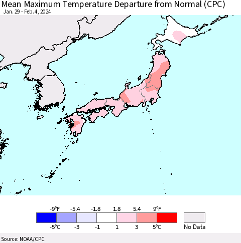 Japan Mean Maximum Temperature Departure from Normal (CPC) Thematic Map For 1/29/2024 - 2/4/2024
