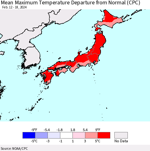 Japan Mean Maximum Temperature Departure from Normal (CPC) Thematic Map For 2/12/2024 - 2/18/2024