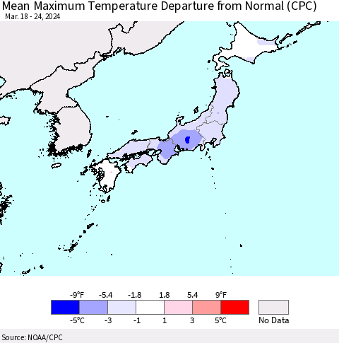 Japan Mean Maximum Temperature Departure from Normal (CPC) Thematic Map For 3/18/2024 - 3/24/2024