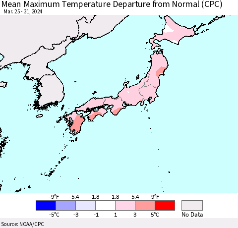 Japan Mean Maximum Temperature Departure from Normal (CPC) Thematic Map For 3/25/2024 - 3/31/2024
