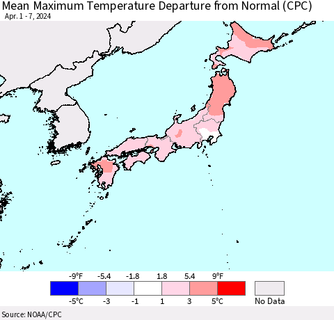 Japan Mean Maximum Temperature Departure from Normal (CPC) Thematic Map For 4/1/2024 - 4/7/2024