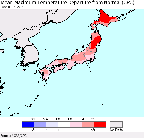 Japan Mean Maximum Temperature Departure from Normal (CPC) Thematic Map For 4/8/2024 - 4/14/2024