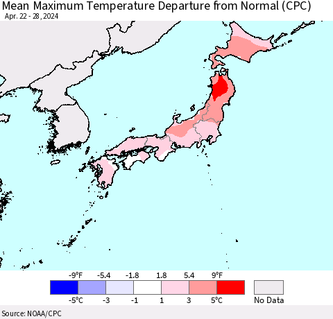 Japan Mean Maximum Temperature Departure from Normal (CPC) Thematic Map For 4/22/2024 - 4/28/2024