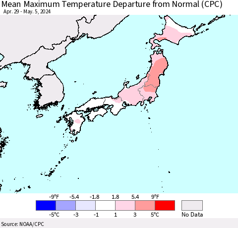 Japan Mean Maximum Temperature Departure from Normal (CPC) Thematic Map For 4/29/2024 - 5/5/2024