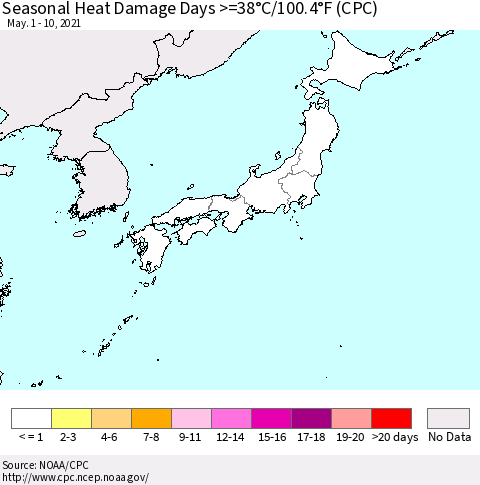 Japan Seasonal Heat Damage Days >=38°C/100°F (CPC) Thematic Map For 5/1/2021 - 5/10/2021
