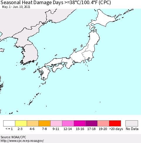 Japan Seasonal Heat Damage Days >=38°C/100°F (CPC) Thematic Map For 5/1/2021 - 6/10/2021