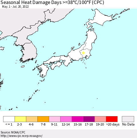 Japan Seasonal Heat Damage Days >=38°C/100°F (CPC) Thematic Map For 5/1/2022 - 7/20/2022