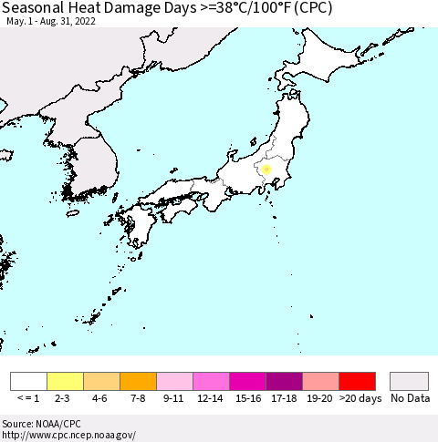 Japan Seasonal Heat Damage Days >=38°C/100°F (CPC) Thematic Map For 5/1/2022 - 8/31/2022