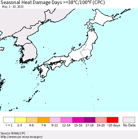 Japan Seasonal Heat Damage Days >=38°C/100°F (CPC) Thematic Map For 5/1/2023 - 5/10/2023