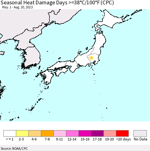 Japan Seasonal Heat Damage Days >=38°C/100°F (CPC) Thematic Map For 5/1/2023 - 8/20/2023