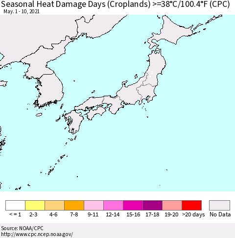 Japan Seasonal Heat Damage Days (Croplands) >=38°C/100°F (CPC) Thematic Map For 5/1/2021 - 5/10/2021