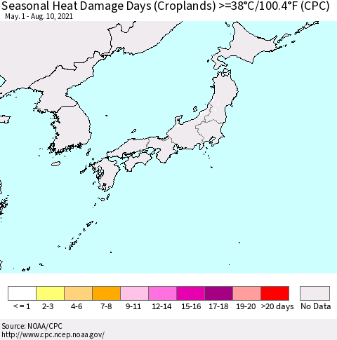 Japan Seasonal Heat Damage Days (Croplands) >=38°C/100°F (CPC) Thematic Map For 5/1/2021 - 8/10/2021
