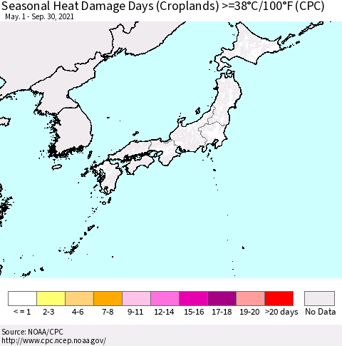 Japan Seasonal Heat Damage Days (Croplands) >=38°C/100°F (CPC) Thematic Map For 5/1/2021 - 9/30/2021
