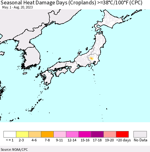 Japan Seasonal Heat Damage Days (Croplands) >=38°C/100°F (CPC) Thematic Map For 5/1/2023 - 8/20/2023