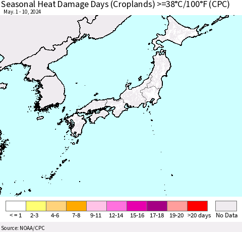 Japan Seasonal Heat Damage Days (Croplands) >=38°C/100°F (CPC) Thematic Map For 5/1/2024 - 5/10/2024