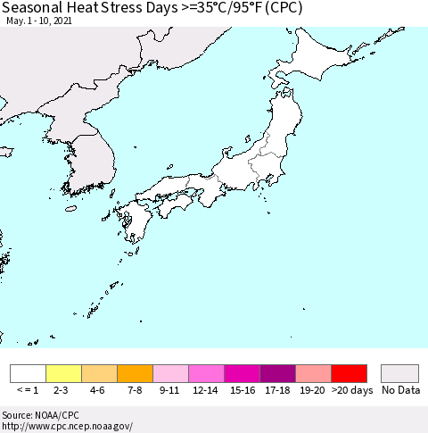 Japan Seasonal Heat Stress Days >=35°C/95°F (CPC) Thematic Map For 5/1/2021 - 5/10/2021