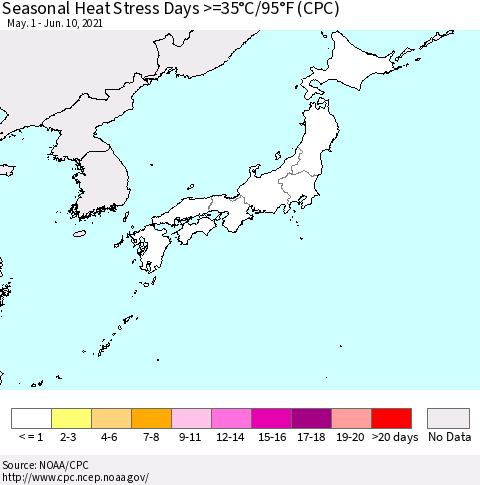 Japan Seasonal Heat Stress Days >=35°C/95°F (CPC) Thematic Map For 5/1/2021 - 6/10/2021