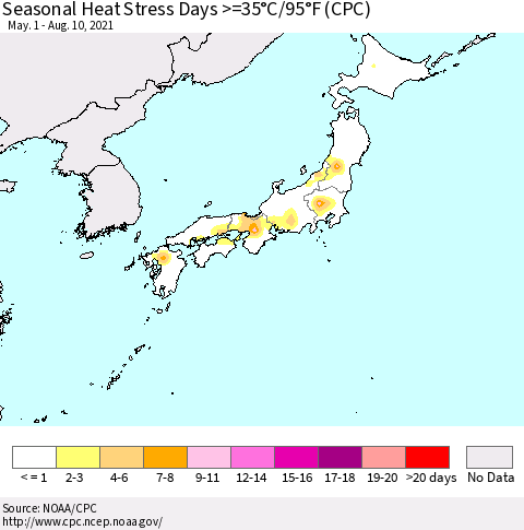 Japan Seasonal Heat Stress Days >=35°C/95°F (CPC) Thematic Map For 5/1/2021 - 8/10/2021