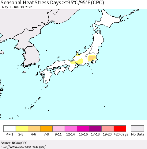 Japan Seasonal Heat Stress Days >=35°C/95°F (CPC) Thematic Map For 5/1/2022 - 6/30/2022