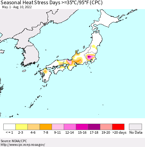Japan Seasonal Heat Stress Days >=35°C/95°F (CPC) Thematic Map For 5/1/2022 - 8/10/2022