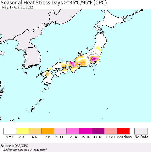 Japan Seasonal Heat Stress Days >=35°C/95°F (CPC) Thematic Map For 5/1/2022 - 8/20/2022