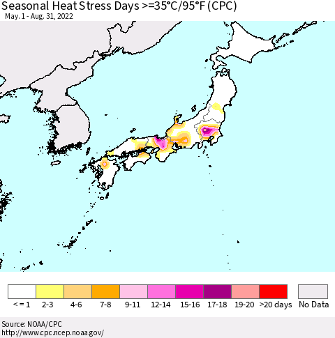 Japan Seasonal Heat Stress Days >=35°C/95°F (CPC) Thematic Map For 5/1/2022 - 8/31/2022