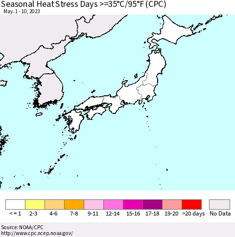 Japan Seasonal Heat Stress Days >=35°C/95°F (CPC) Thematic Map For 5/1/2023 - 5/10/2023