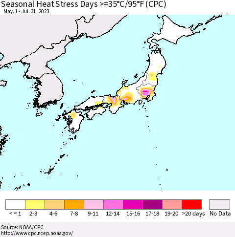 Japan Seasonal Heat Stress Days >=35°C/95°F (CPC) Thematic Map For 5/1/2023 - 7/31/2023