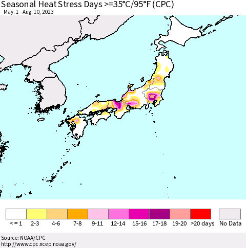 Japan Seasonal Heat Stress Days >=35°C/95°F (CPC) Thematic Map For 5/1/2023 - 8/10/2023