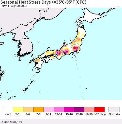Japan Seasonal Heat Stress Days >=35°C/95°F (CPC) Thematic Map For 5/1/2023 - 8/20/2023