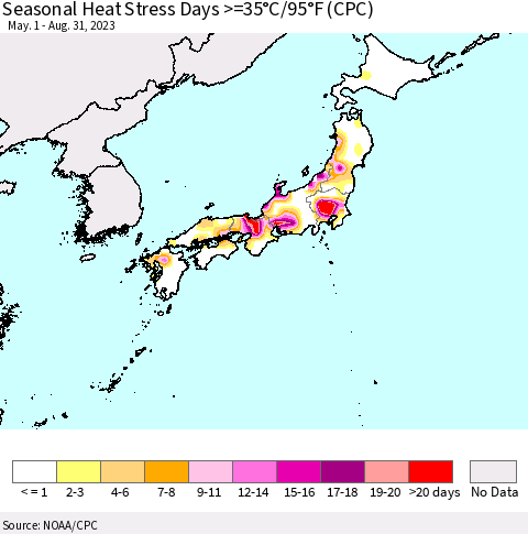Japan Seasonal Heat Stress Days >=35°C/95°F (CPC) Thematic Map For 5/1/2023 - 8/31/2023