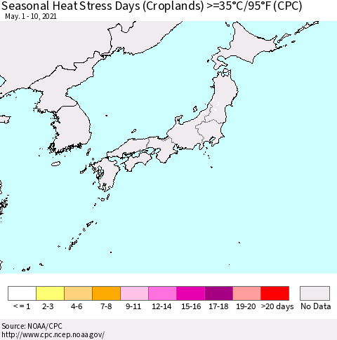 Japan Seasonal Heat Stress Days (Croplands) >=35°C/95°F (CPC) Thematic Map For 5/1/2021 - 5/10/2021