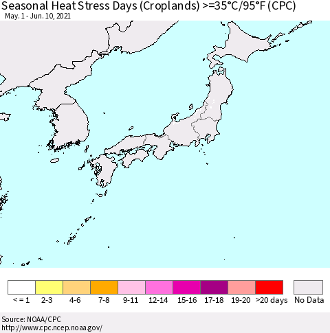 Japan Seasonal Heat Stress Days (Croplands) >=35°C/95°F (CPC) Thematic Map For 5/1/2021 - 6/10/2021