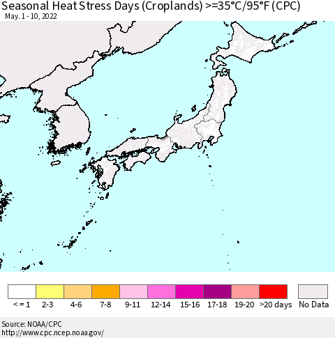 Japan Seasonal Heat Stress Days (Croplands) >=35°C/95°F (CPC) Thematic Map For 5/1/2022 - 5/10/2022