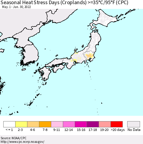 Japan Seasonal Heat Stress Days (Croplands) >=35°C/95°F (CPC) Thematic Map For 5/1/2022 - 6/30/2022