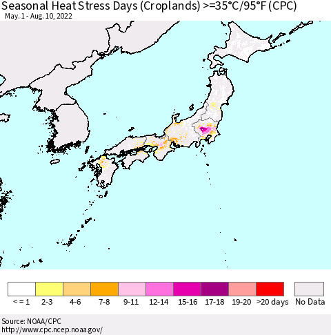 Japan Seasonal Heat Stress Days (Croplands) >=35°C/95°F (CPC) Thematic Map For 5/1/2022 - 8/10/2022
