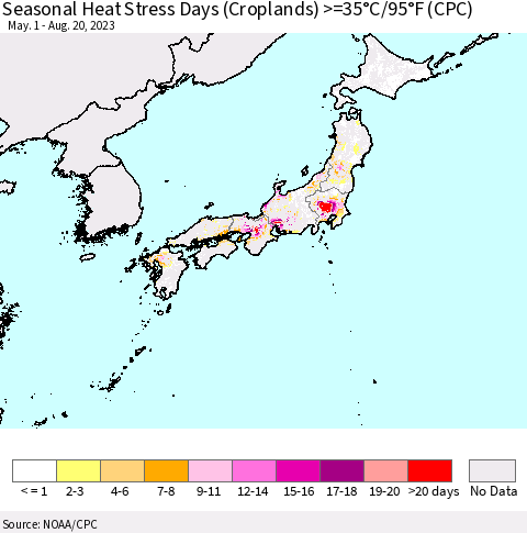 Japan Seasonal Heat Stress Days (Croplands) >=35°C/95°F (CPC) Thematic Map For 5/1/2023 - 8/20/2023