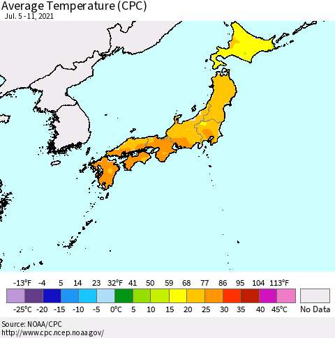 Japan Average Temperature (CPC) Thematic Map For 7/5/2021 - 7/11/2021