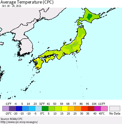 Japan Average Temperature (CPC) Thematic Map For 10/18/2021 - 10/24/2021