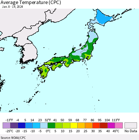Japan Average Temperature (CPC) Thematic Map For 1/8/2024 - 1/14/2024