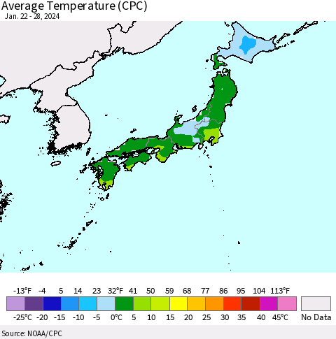 Japan Average Temperature (CPC) Thematic Map For 1/22/2024 - 1/28/2024