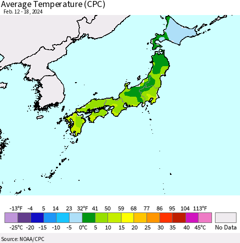 Japan Average Temperature (CPC) Thematic Map For 2/12/2024 - 2/18/2024