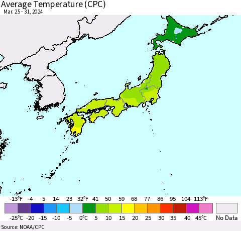 Japan Average Temperature (CPC) Thematic Map For 3/25/2024 - 3/31/2024