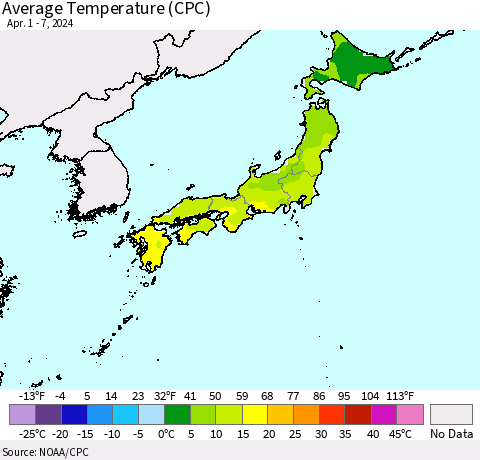 Japan Average Temperature (CPC) Thematic Map For 4/1/2024 - 4/7/2024