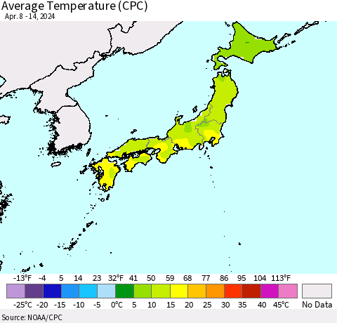 Japan Average Temperature (CPC) Thematic Map For 4/8/2024 - 4/14/2024