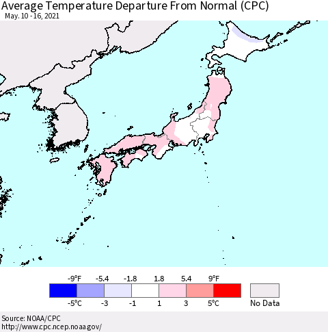 Japan Average Temperature Departure from Normal (CPC) Thematic Map For 5/10/2021 - 5/16/2021