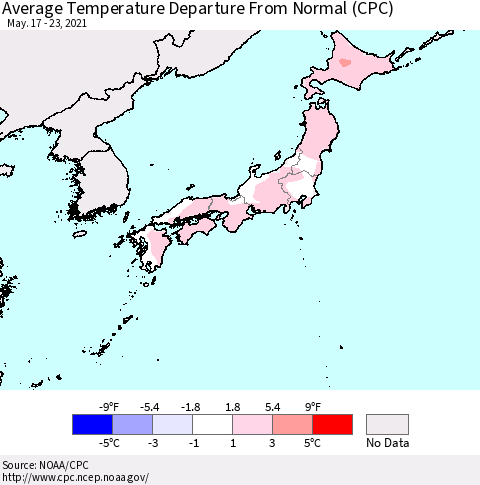 Japan Average Temperature Departure from Normal (CPC) Thematic Map For 5/17/2021 - 5/23/2021